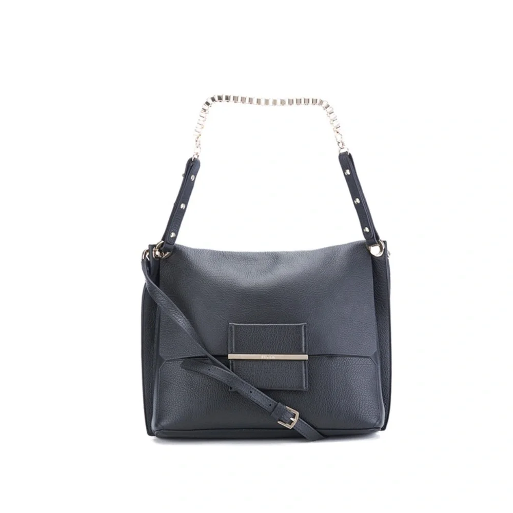 EUC Furla Minerva gorgeous black leather Black crossbody Bag with Chain